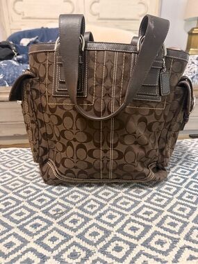Coach Chocolate Signature Canvas Tote with Leather Trim